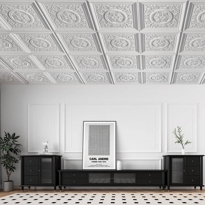 WOWSTAR 12-Pack 24"x24" Drop Ceiling Tiles, Waterproof Glue up Vintage Style 3D Ceiling Tiles, White - Image 2